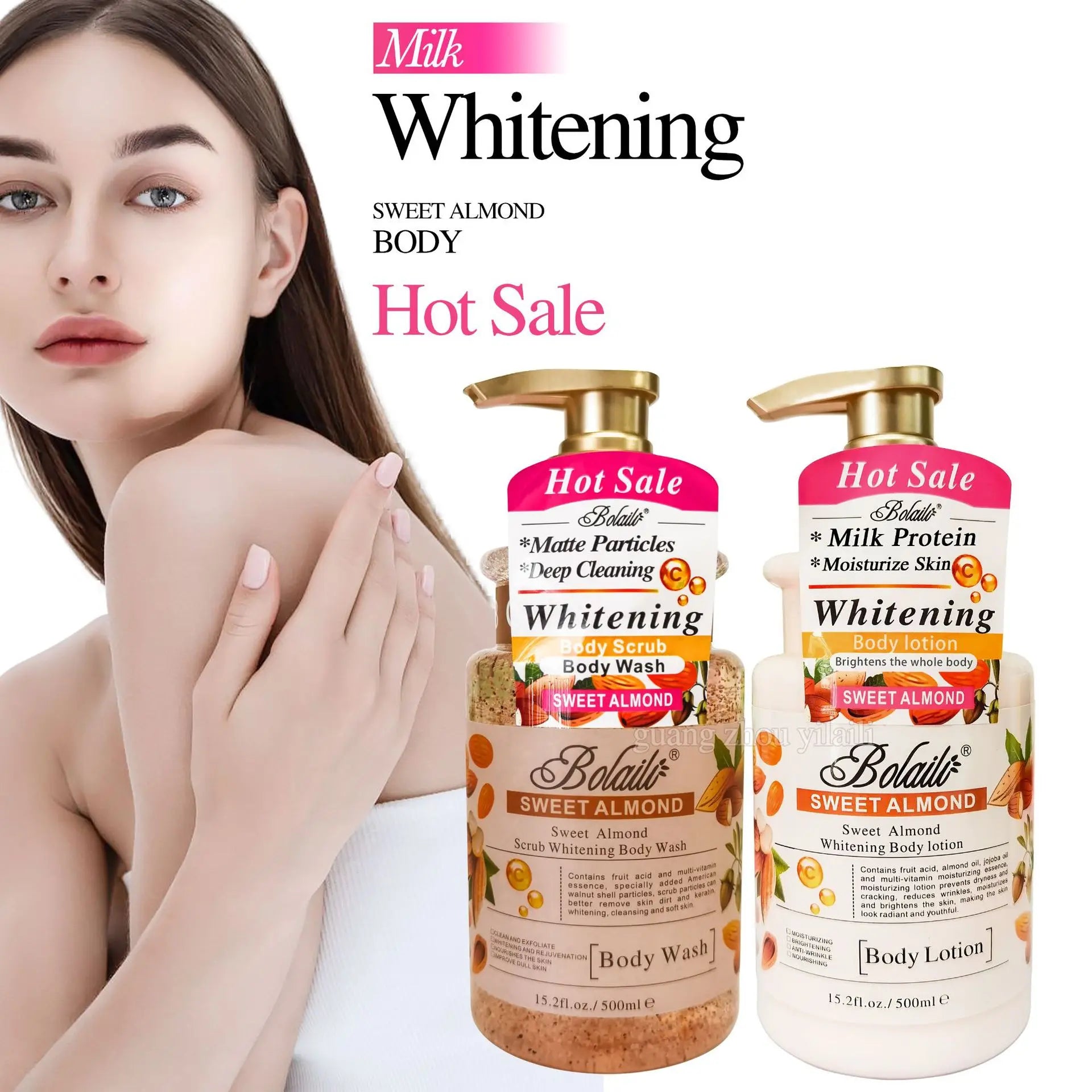 500ml Almond Whitening Body Lotion &amp; Scrub Body Wash Exfoliating Moisturizing Whitening Skin Lightening Increase Skin Radiance