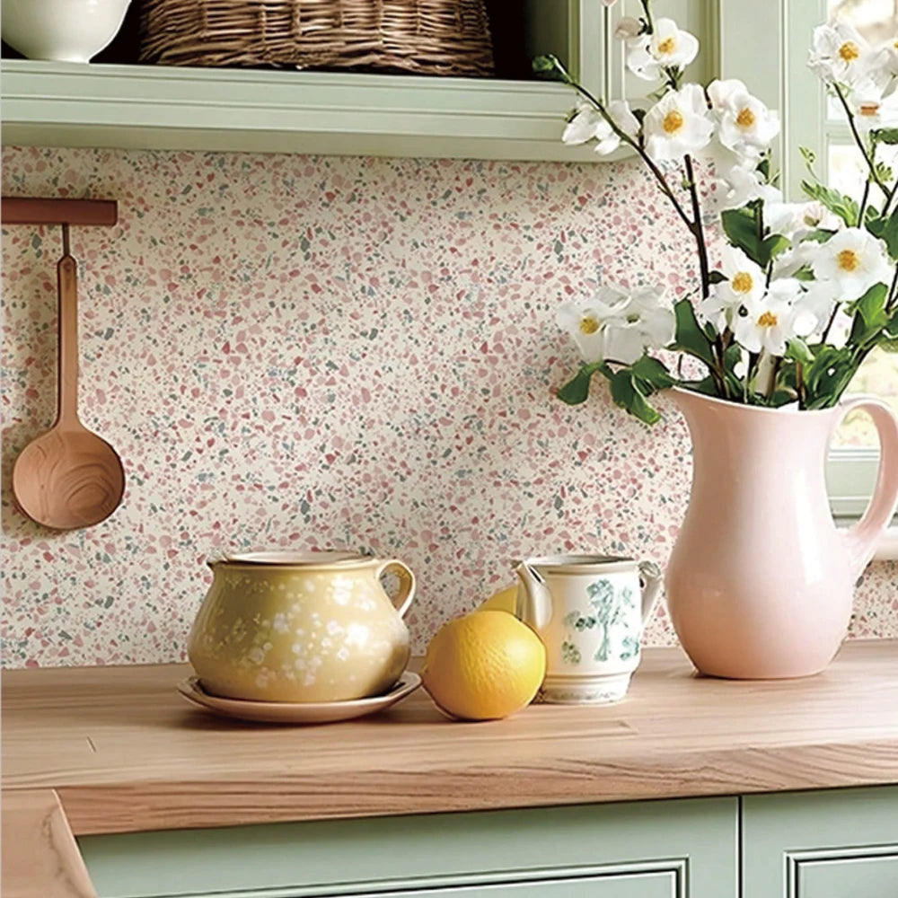 Pink Wallpaper Terrazzo Wall Panels, Waterproof Washable Wall Tile Decals for Bathroom &amp; Kitchen, Pink Terrazzo Home Decor