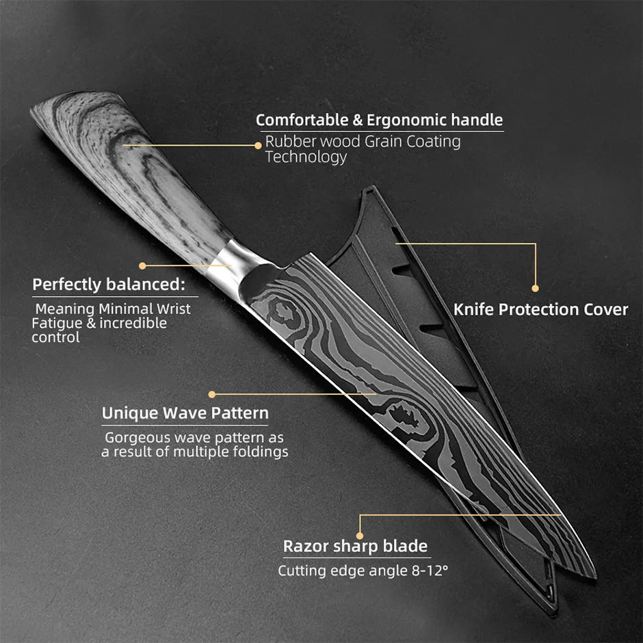Bộ Dao Bếp Nhật Santoku 7Cr17 440C Vân Damascus