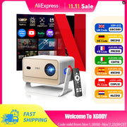 Máy chiếu XGODY, màu trắng kem, kèm điều khiển, nền ứng dụng phát trực tuyến và mã khuyến mãi.