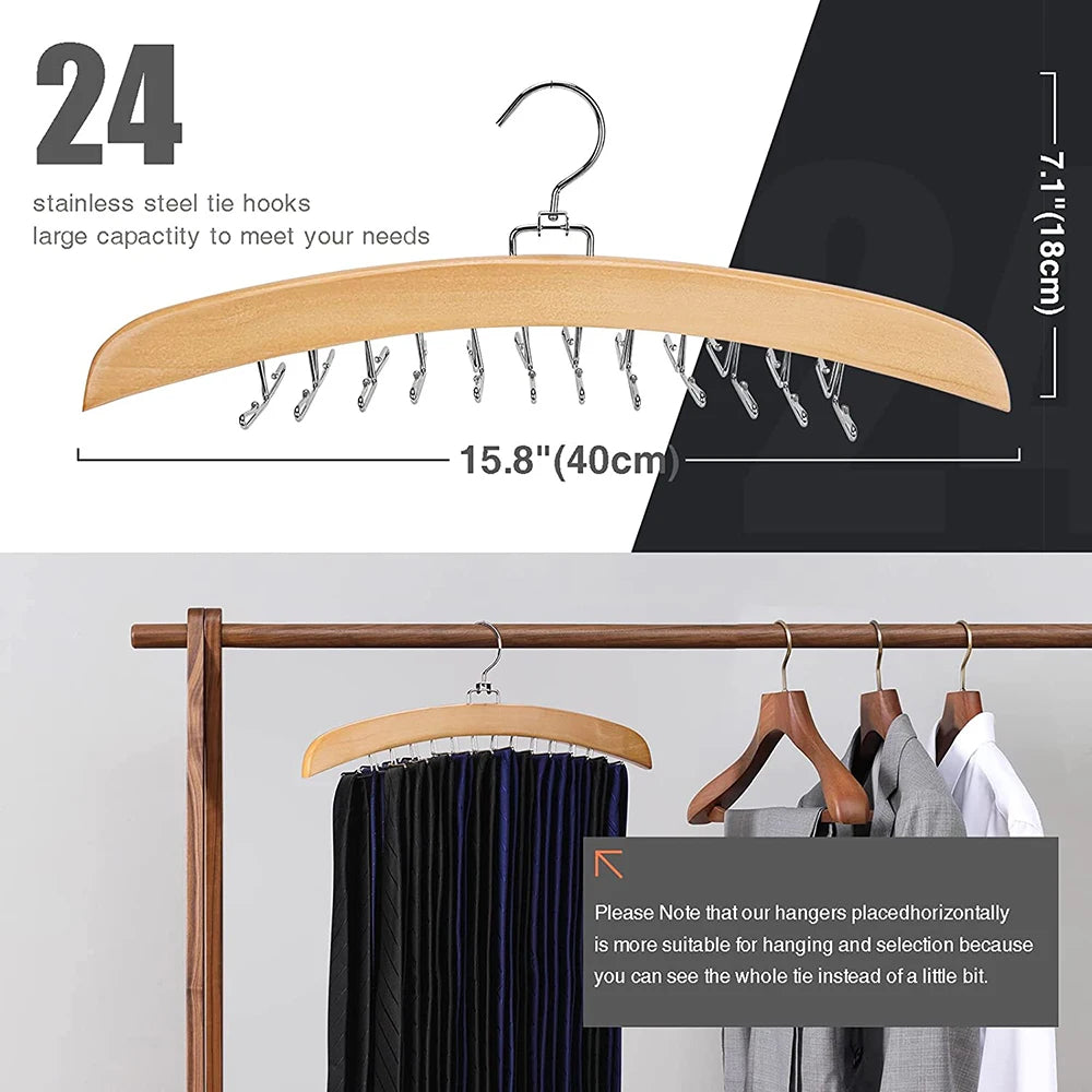 24 Hook 360° Rotating Wooden Tie &amp; Belt Hanger