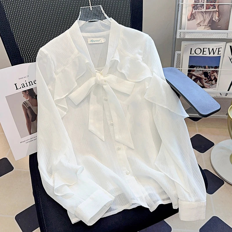 Women Shirt Blouse New Long Sleeve Bow Collar White Chiffon Shirt Blouse Women Tops Blouses Shirts Blusas Para Mujer 2025 Q614