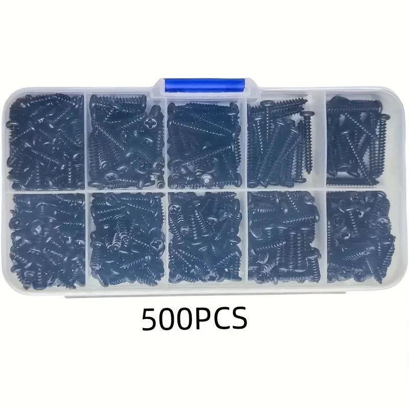 500顆M3黑色自攻螺絲盤頭十字自鑽木螺絲組合套裝碳鋼螺絲
