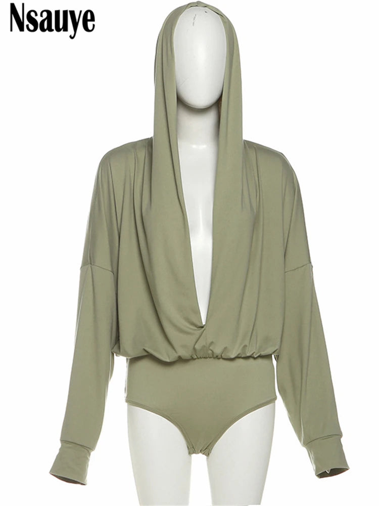 Nsauye 2025 Autumn Winter New Women Sexy Long Sleeve Hooded Bodysuit Streetwear Fashion Body Tops Fashion Solid Lady Jumpsuit