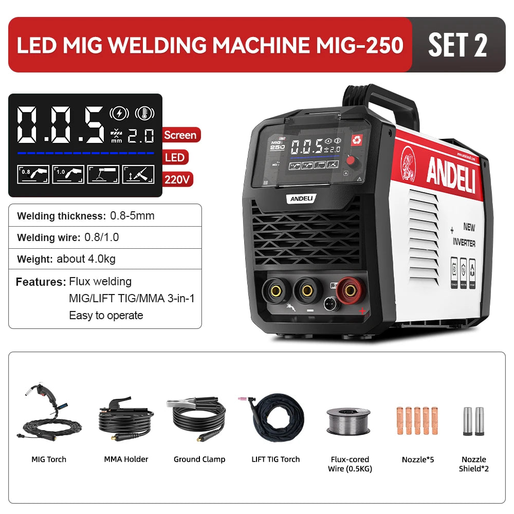 ANDELI MIG-250 MIG Welders MIG MMA Lift TIG 3 in 1 Inverter Semi-automatic Welding Machine With Flux Cored Wire Metal Welding - Daisan Mart