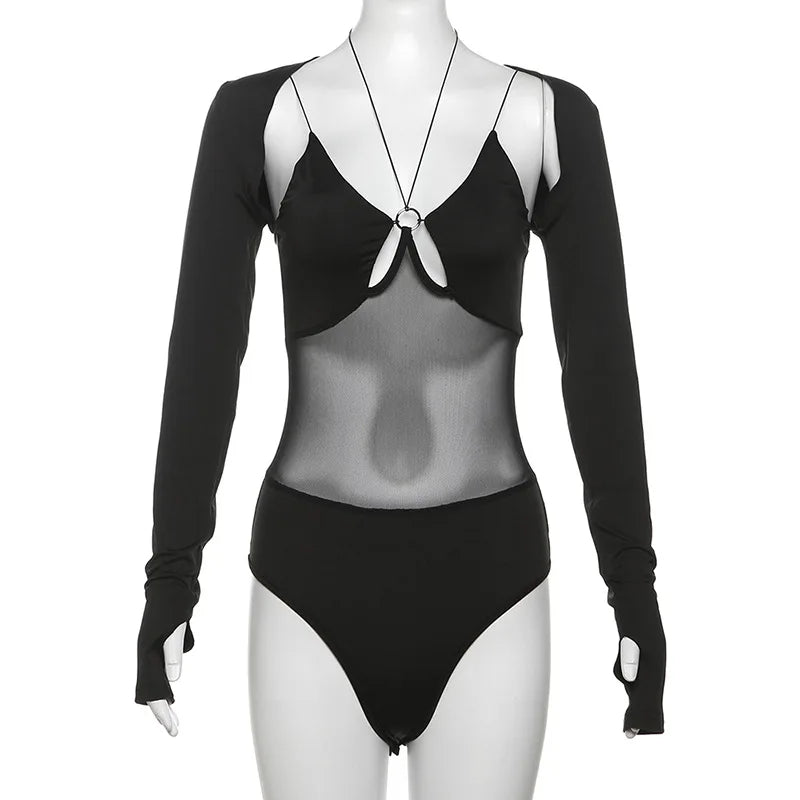 Goth Dark Cyber ​​Y2K Techwear Mall Gothic Hollow Out Straps Skinny Bodysuits With Long Sleeve Crop Shrug Tops Women 2 Piece Sets