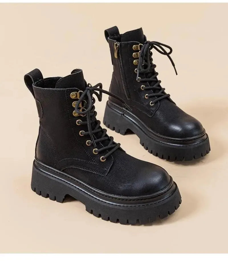 Women's Retro Genuine Leather Shoes - Stylish Rivet Short Boots