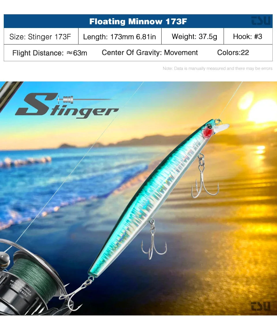 TSURINOYA Shore Fishing STINGER 173F Floating Minnow Silm Fishing Lure 173mm 37.5g Saltwater Hard Plastics Big Game Hard Bait