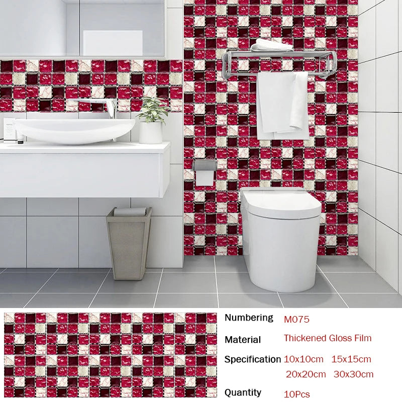 10pcs Flat Mosaic Style Tiles Sticker Kitchen Bathroom Waterproof &amp; Oilproof Art Wall Sticker Peel &amp; Stick Surface Glossy Film