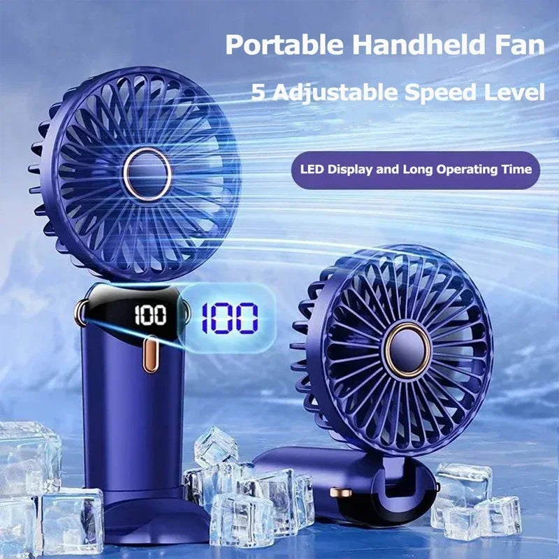 Handheld Mini Fan 3000mAh Foldable Portable Desk Outdoor Neck Hanging 5 Speed ​​USB Rechargeable Fan Phone Stand Display Screen