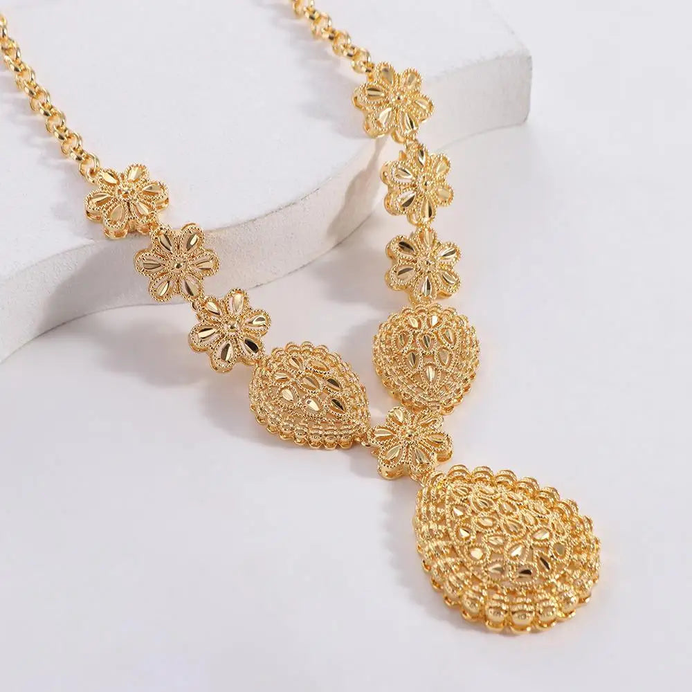 24K Dubai Gold Jewelry Set Large Flower African Wedding