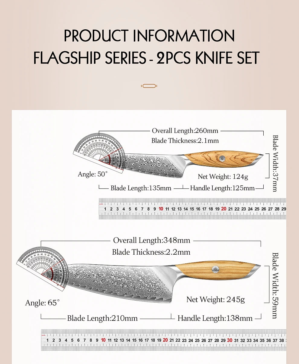 HEZHEN 1PC Or 2PC Knife Set 73 Layer Damascus Steel Powder Steel Core Sharp Kitchen Knives Olive Wood Handle Gift Box
