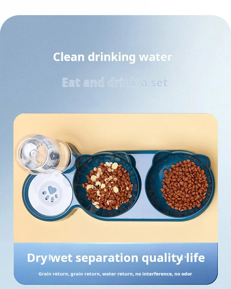 Pet Bowls With Water Feeder, 3 In 1 Ear Design Tilted Cat Water And Food Bowl Set With Gravity Water Bottle For Neck Protection - Daisan Mart