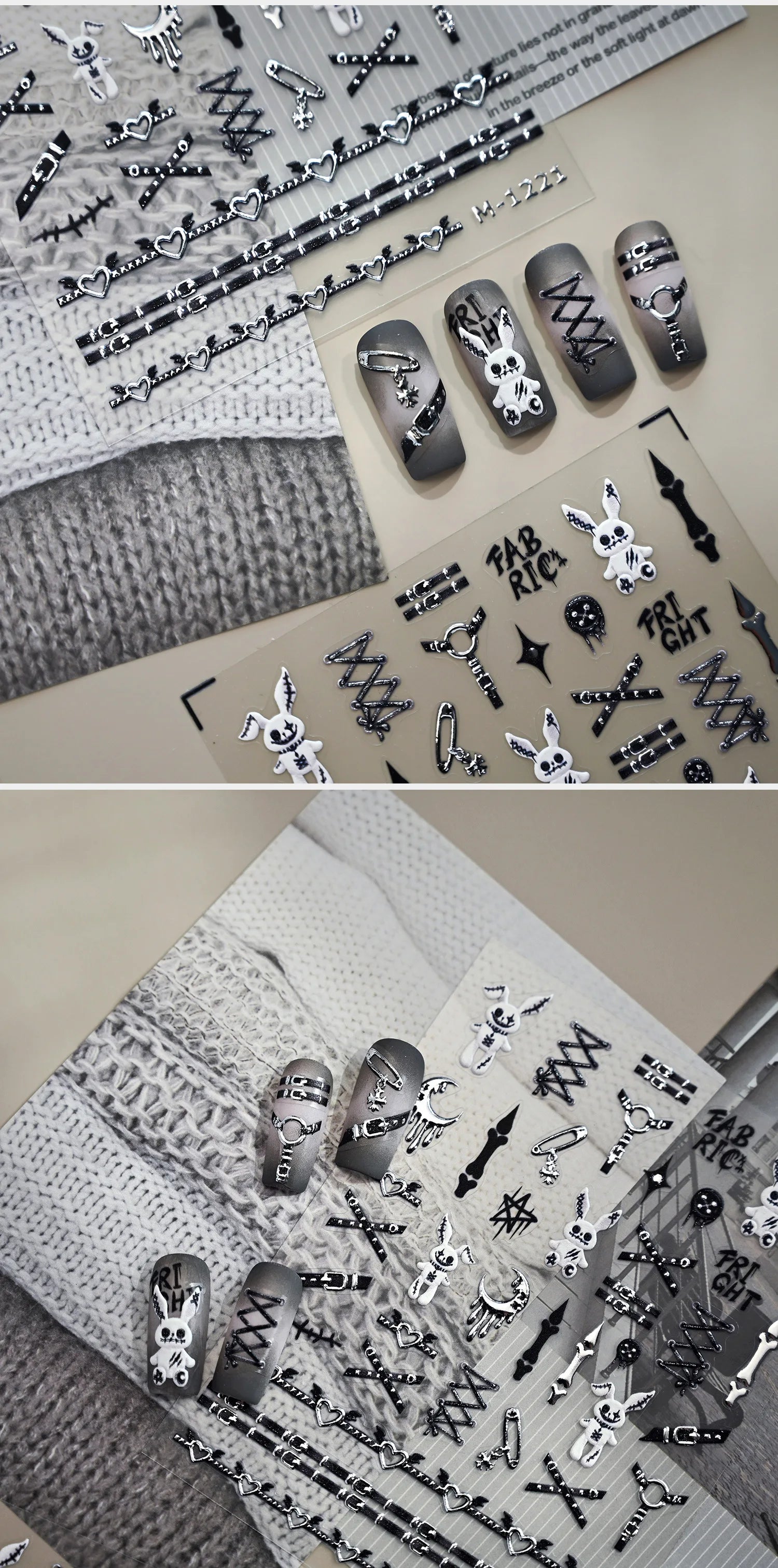 Nail Dán Halloween 5D Punk Bạc Thỏ Thiên Thần Xương - Daisan Mart