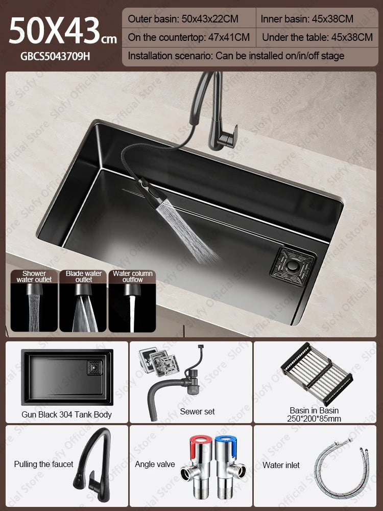 304 Stainless Steel Kitchen Sink Black Single Bowl Thickened Material Wear-Resistant Vegetable Workstation Drainage Accessories - Daisan Mart