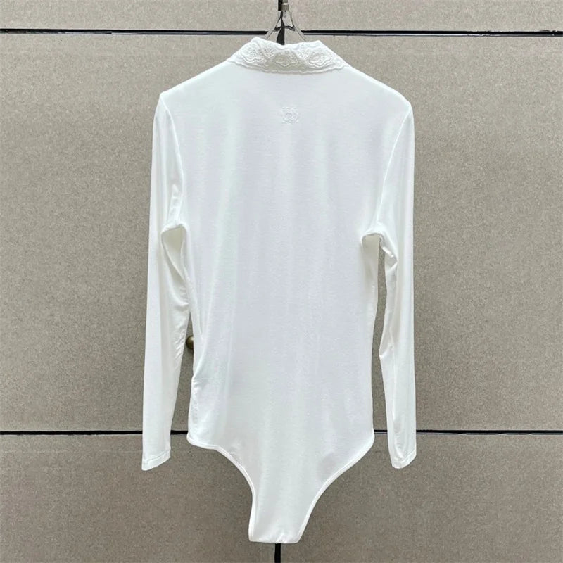 Women's bodysuit New elastic slim fit lapel long sleeved top for autumn 2025 floral embroidery women's corset y2k women's bodys