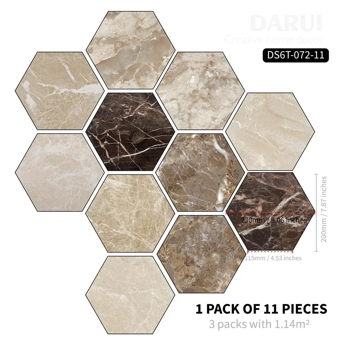 22PCS Self-adhesive Moroccan Style Hexagonal Diagonal Floor Stickers Non-slip Waterproof Decals for Kitchen Bathroom Decoration