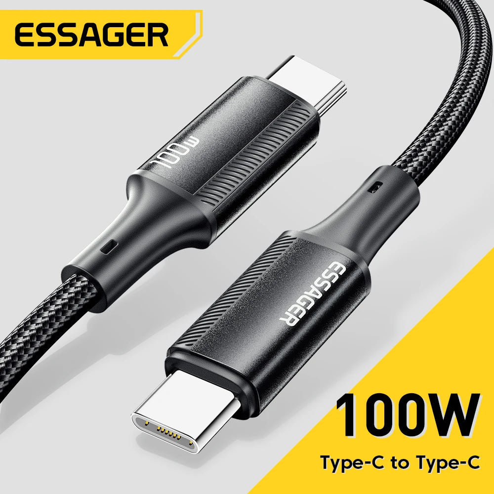 Cáp sạc Type-C màu đen 100W, thương hiệu Essager, dây bện chắc chắn trên nền vàng.
