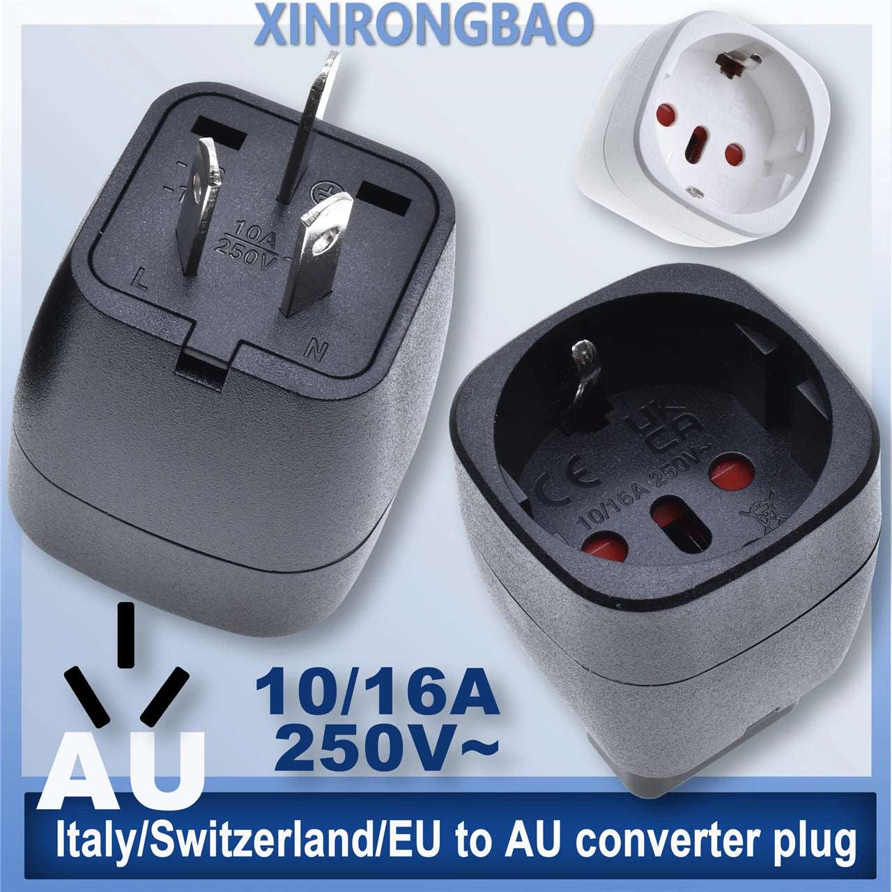 Ổ cắm chuyển đổi màu đen và trắng, 10/16A, 250V, từ Italy/Switzerland/EU sang AU.