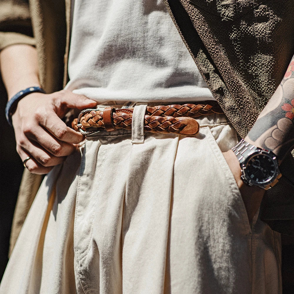 Thắt lưng da bò 2 lớp Vintage nam nâu Maden