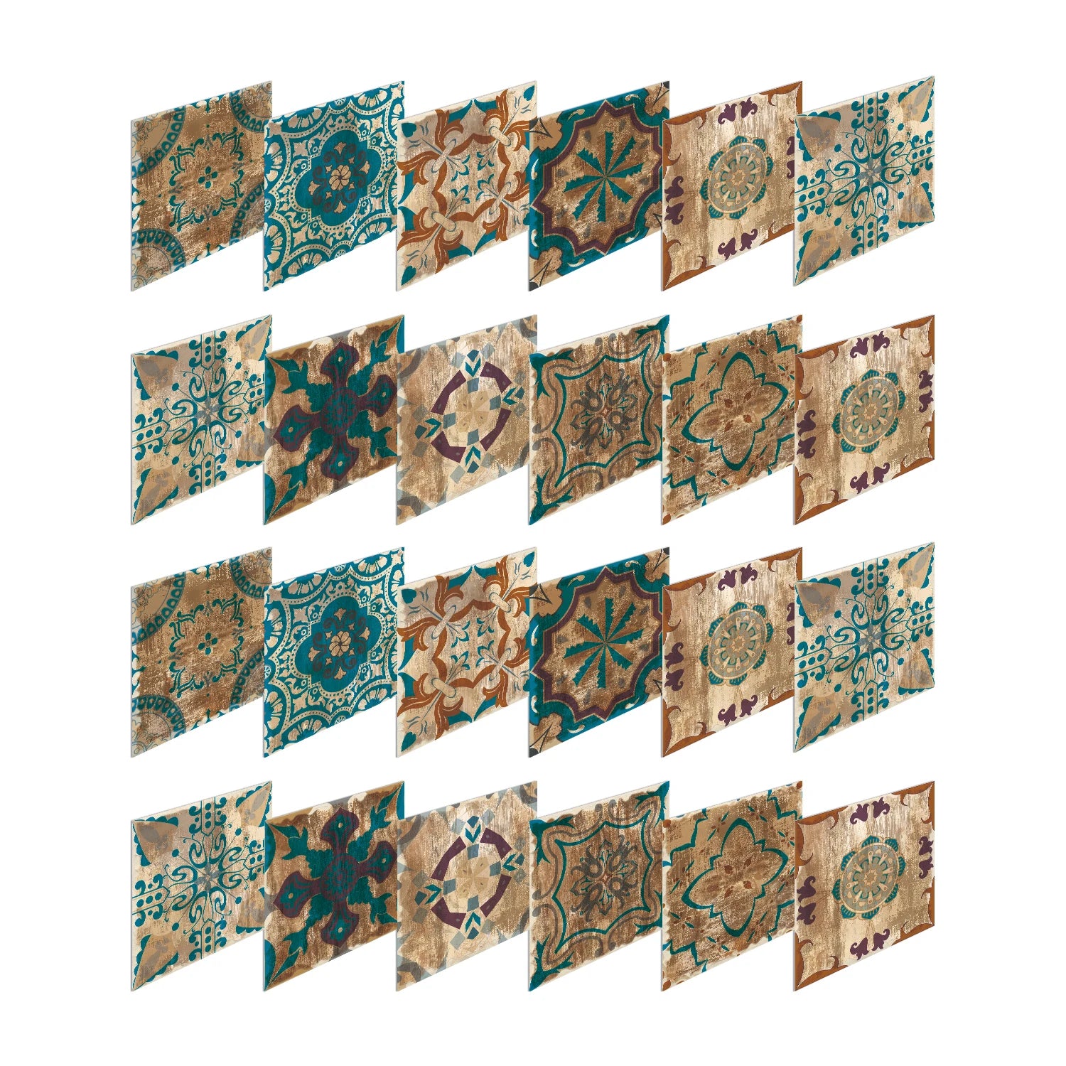 24 Pieces of Moroccan Style PVC Waterproof Self-Adhesive Wall Stickers, Peel and Stick on Living Room and Bedroom Tile Stickers