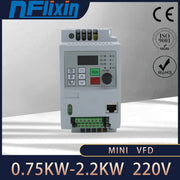 Bộ điều khiển màu xám với nút bấm, cổng kết nối và nhãn "MINI VFD" cùng thông số kỹ thuật.