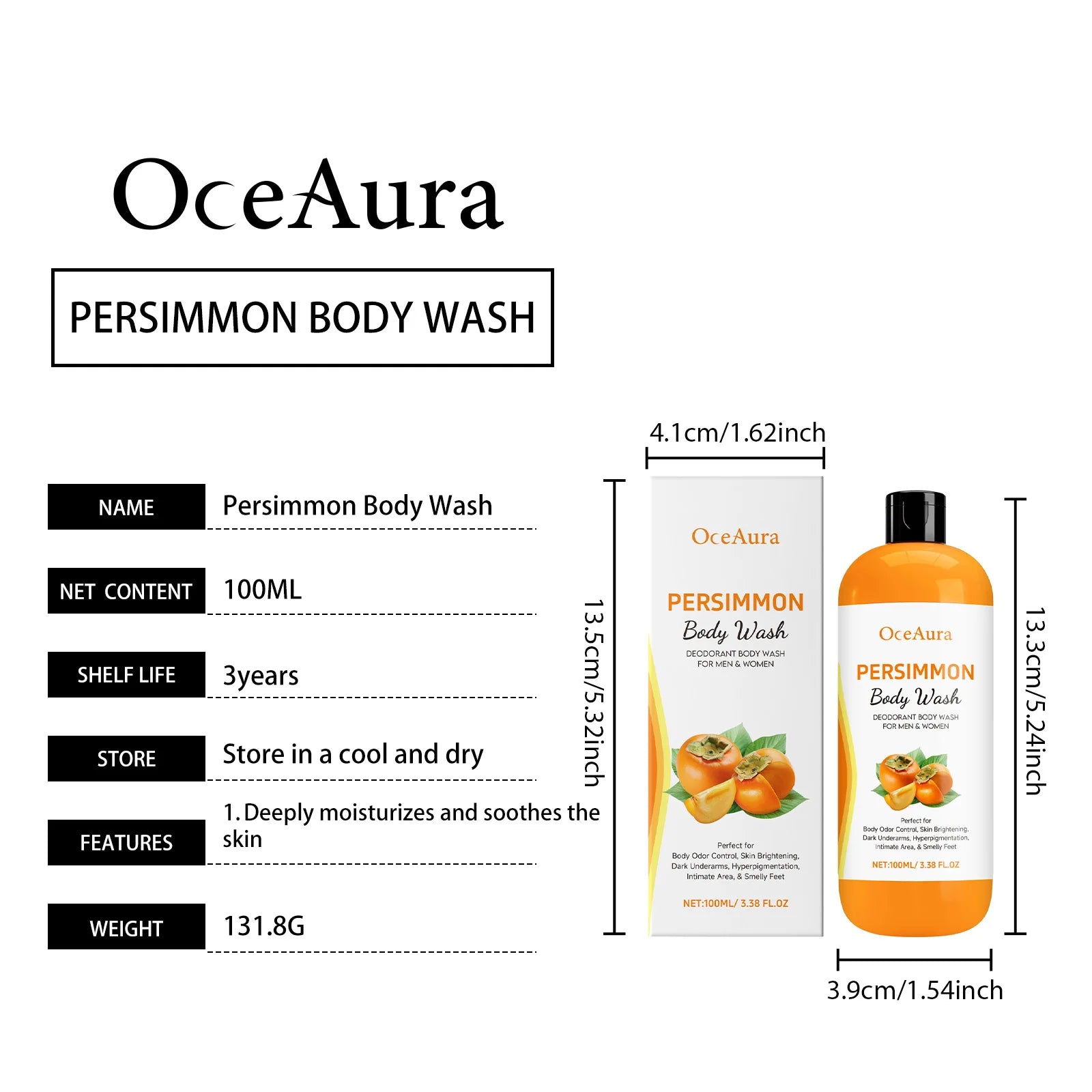 OceAura Persimmon Body Wash Moisturizing Skin Cleaning Smooth Soft Body Odor Remover Bath Products Exfoliating Shower Gel 100ml