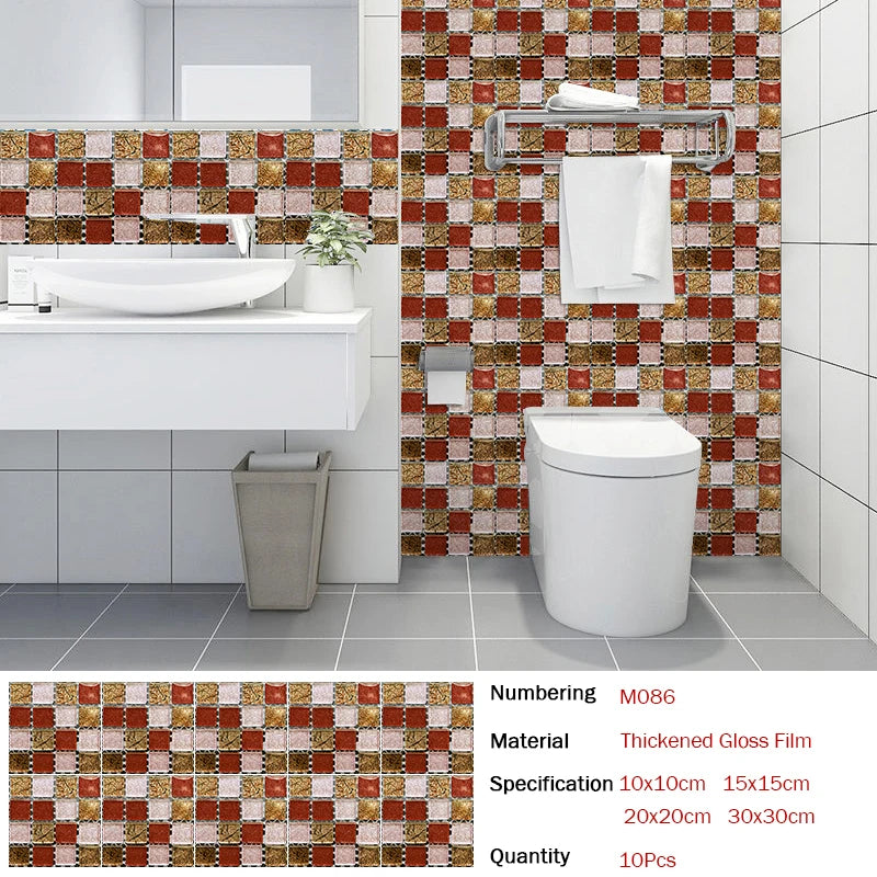 10pcs Flat Mosaic Style Tiles Sticker Kitchen Bathroom Waterproof &amp; Oilproof Art Wall Sticker Peel &amp; Stick Surface Glossy Film