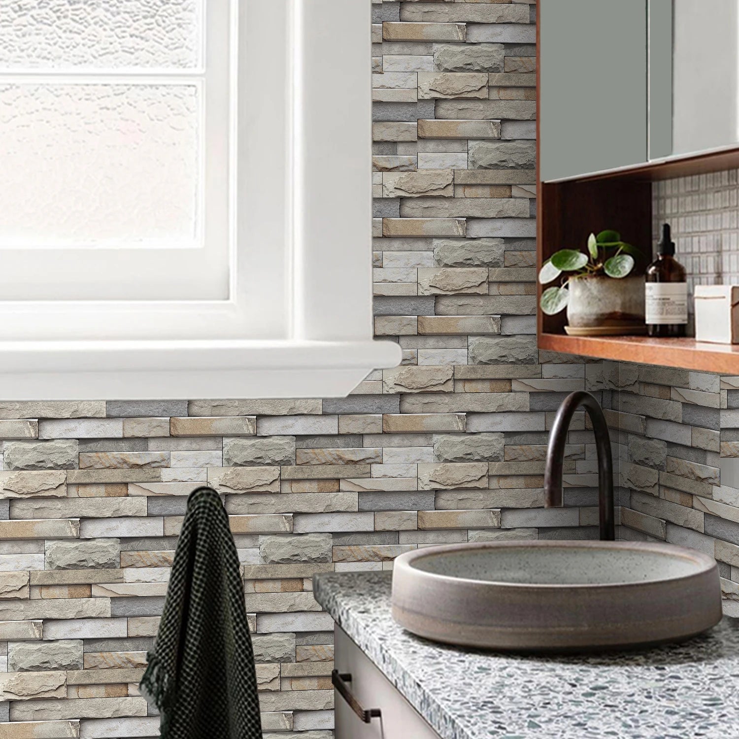 6Pcs 3D Self-Adhesive Wall Sticker 30x15cm Oil Proof Waterproof Brick Stone Imitation Brick Tile Stone Particle Wallpaper Decals