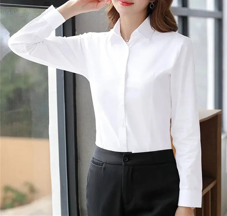 Elegant Women Shirts Woman White Shirt Long Sleeve Blouse Office Lady business Pink Shirts Button Solid Women work Blouses Tops