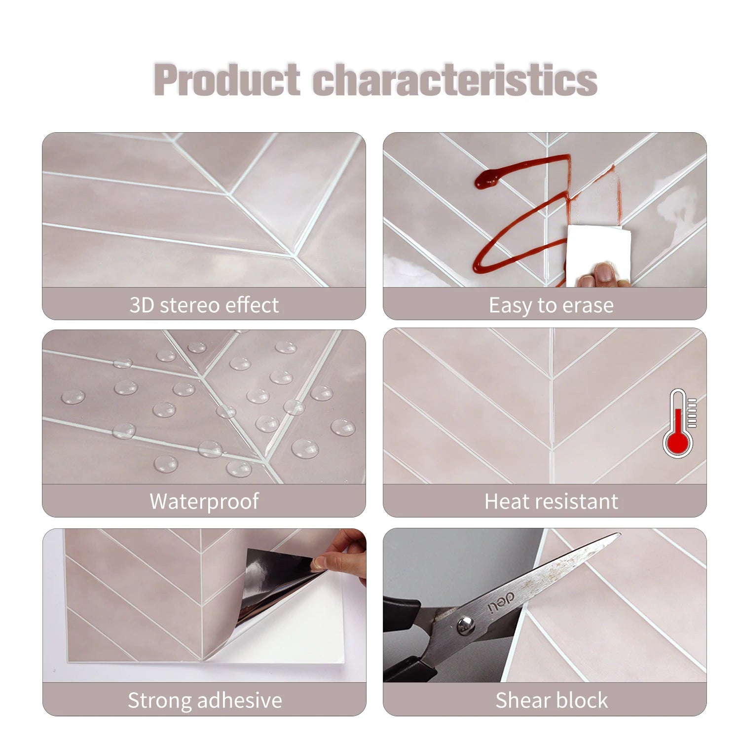 3 Sheets 3D Tile Pattern Wall Stickers Waterproof Heat Resistant Easy to Erase Self-Adhesive Wallpaper for Kitchen Bathroom