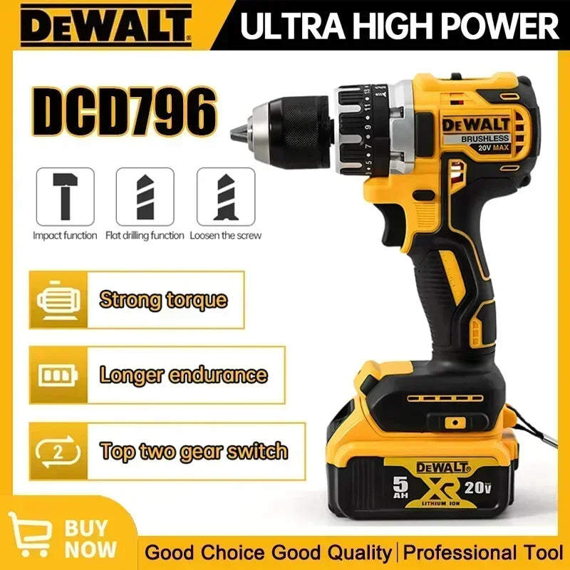 2025 Dewalt 2000RPM Cordless Electric Drill Brushless Driver Adjustable Speed ​​Impact Hand Drill Rechargeable Power Tools DCD796