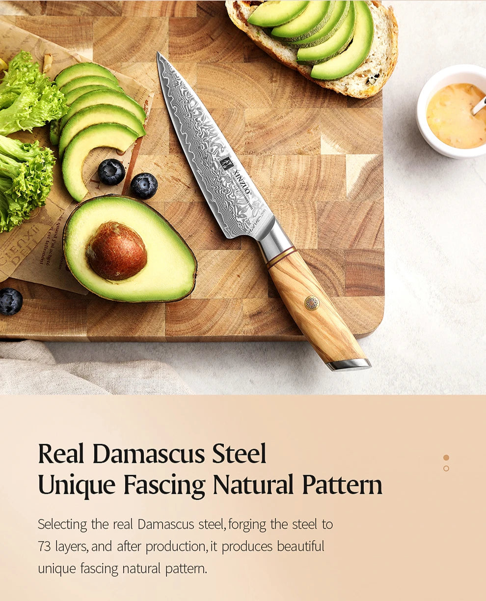XINZUO 5" inch Utility Knife Kitchen Knives Japanese 73-layer Powder Steel Core Damascus Steel 62-64 HRC Vegetable Peeling Knife