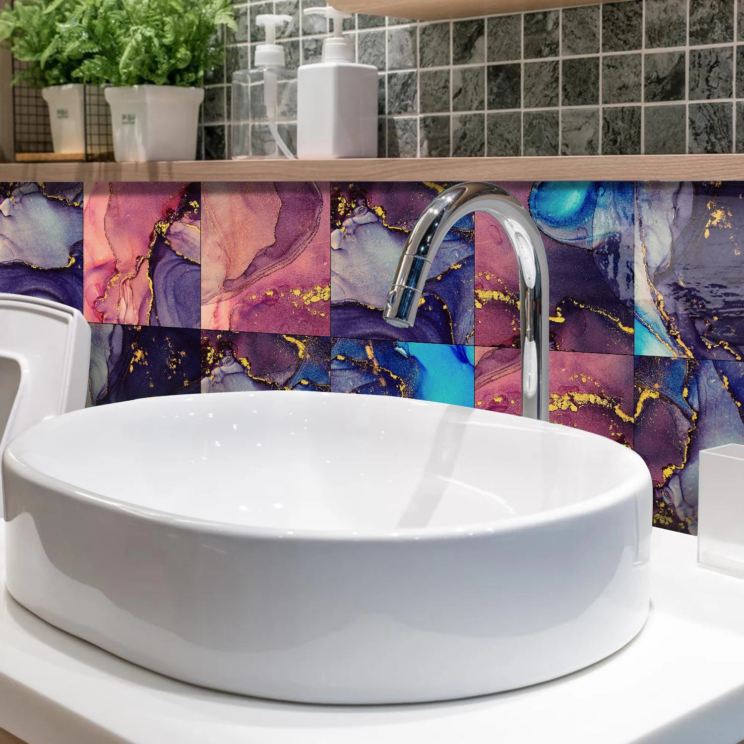 8PCS/Set Minimalist Black Marble Wall Stickers, Kitchen Bathroom Waterproof Self-Adhesive Ceramic Tile Stickers, Room Wallpaper