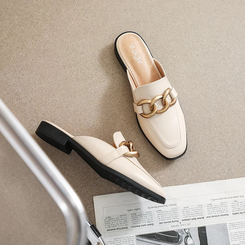 Women's Fashion Mules - Square Toe Black and White Chain