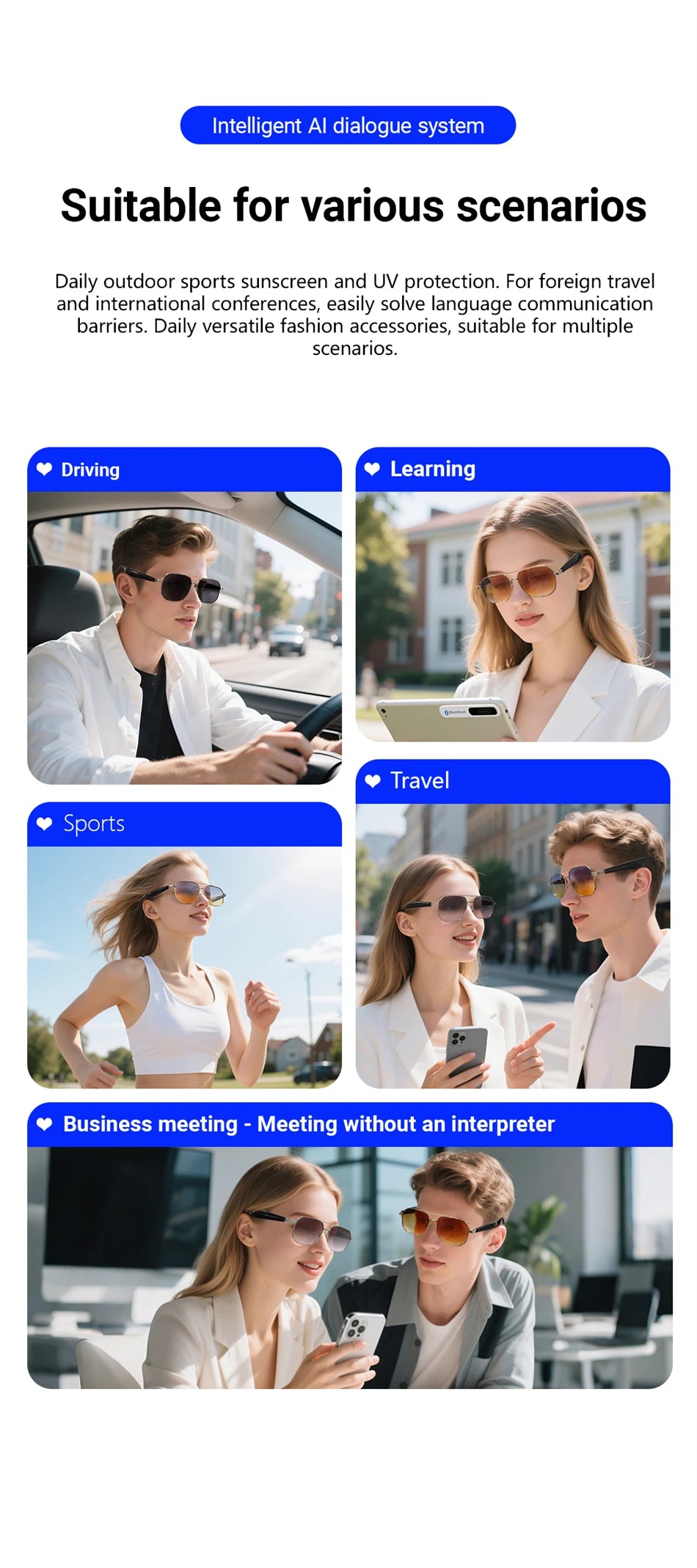 LIGE Ai Smart Bluetooth Glasses 100+Languages ​​Translation Real-time Q&amp;A BT5.4 Music UV Protection Smart Sunglasses for Men Women