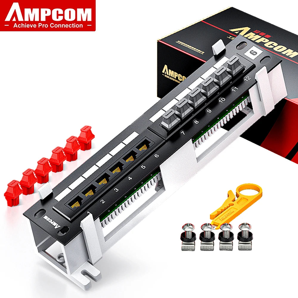Bảng điều khiển mạng màu đen với 12 cổng, kèm phụ kiện màu đỏ và dụng cụ màu vàng.