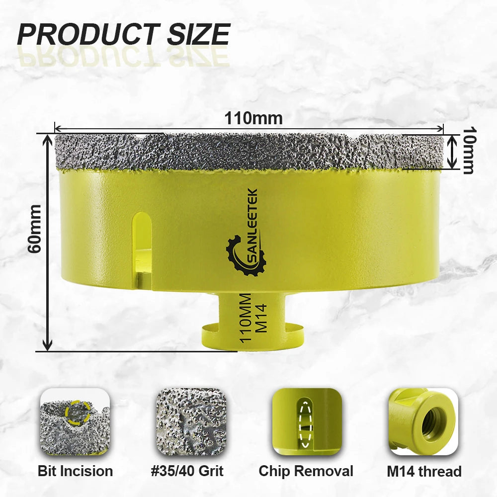 SANLEETEK 35/40/110mm Diamond Hole Saw Drill Core Bits Drill Bits Dry Drilling Ceramic Porcelain Tile Marble Granite M14 Thread