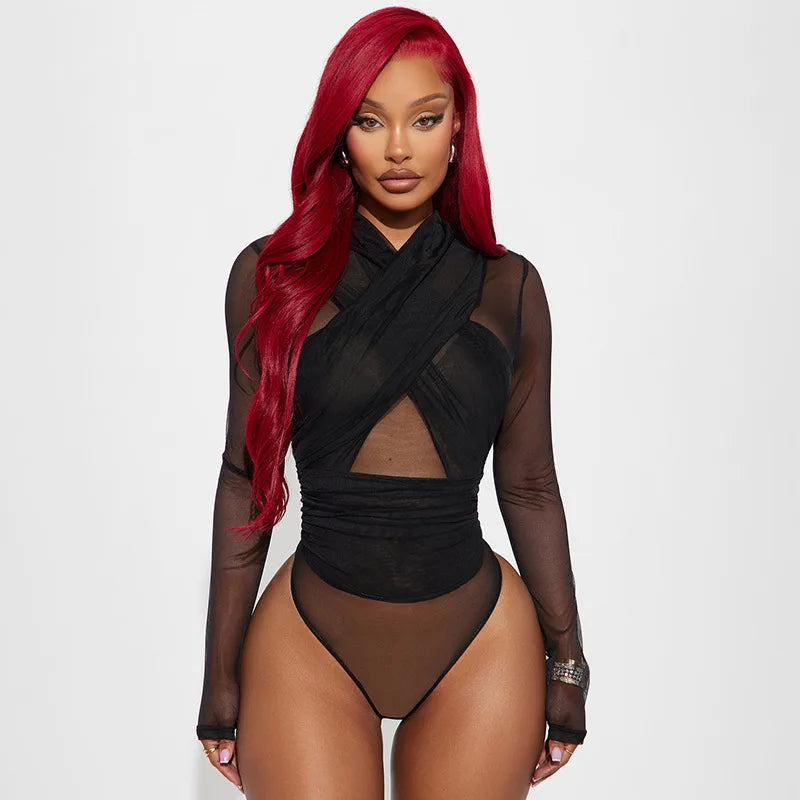 Nsauye Sexy Tights Long Sleeve High Waist Hollow Out Night Club Fashion Women Bodysuit Tops Y2K One Pieces Skinny Rompers 2025