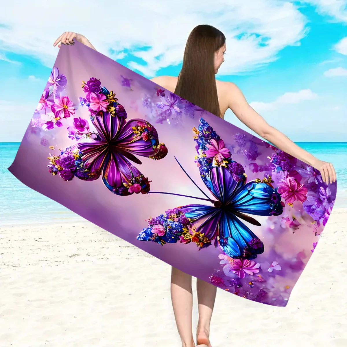 Khăn Biển Đa Năng In Bướm Hoa Sợi Siêu Mịn 1 Chiếc