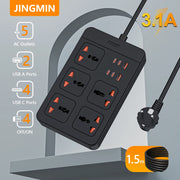 Ổ cắm điện đen có 5 khe cắm, 2 cổng USB A, 4 cổng USB C, dây dài 1.5m, chữ "JINGMIN".