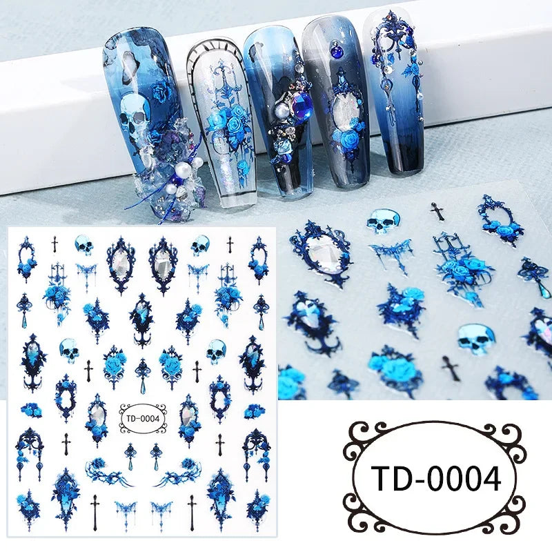 3D Black Purple Halloween Nail Stickers Gothic Skull Rose Butterfly Nail Decals for Festival Nail Decor Manicure Sliders