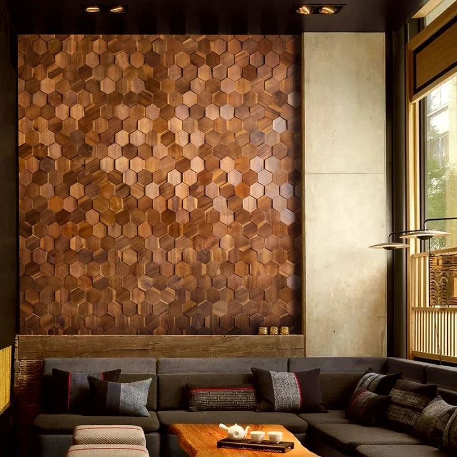 Walnut Wood Mosaic Tile Wall Sticker for TV Background Art Wall Decoration Modern 3D Wood Hexagon Wooden Panel Wall Panel