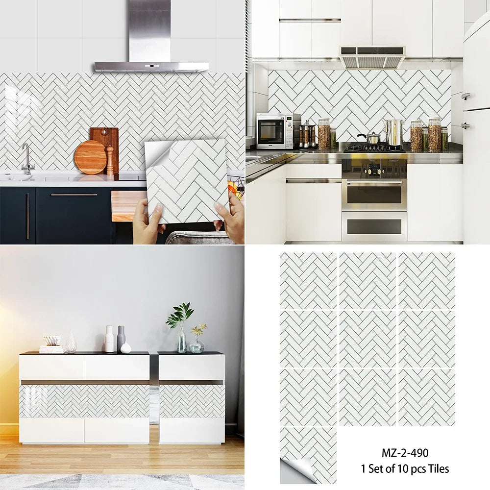 10pcs/set White Gray Brick Tiles Sticker Kitchen Backsplash Oil-proof Cupboard Washbasin Peel &amp; Stick Waterproof Art Wallpaper