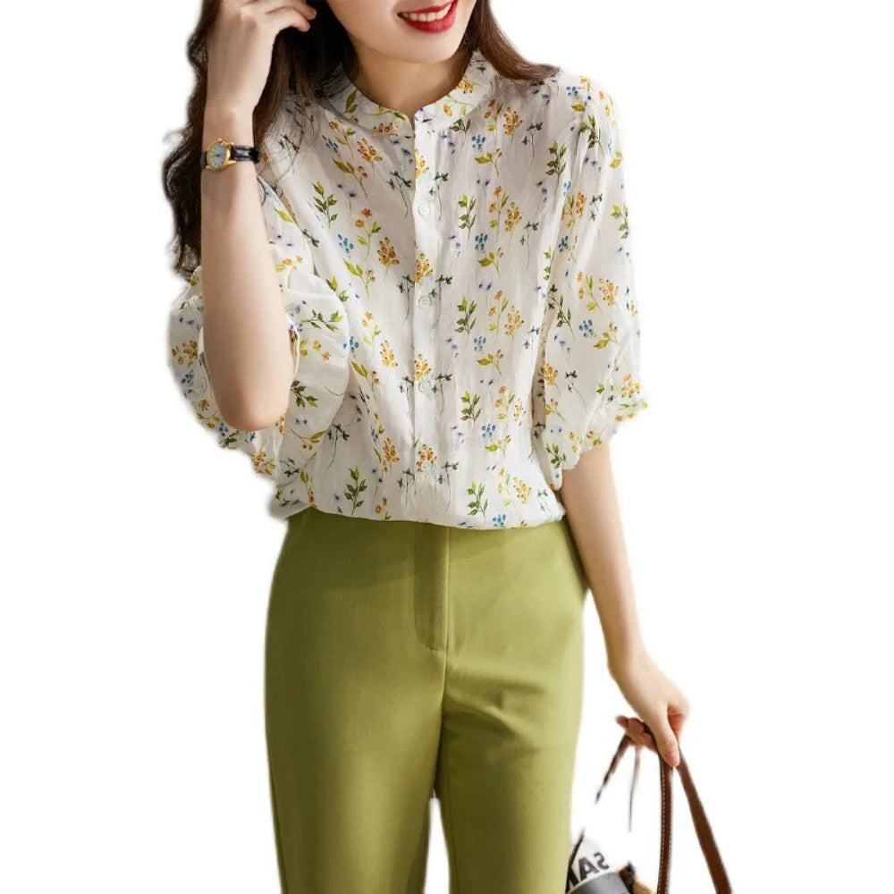 Women Shirt 2024 Spring New Arrival Printed Floral Shirt Stand Collar Neck Long Sleeve Elegant Blouse Top