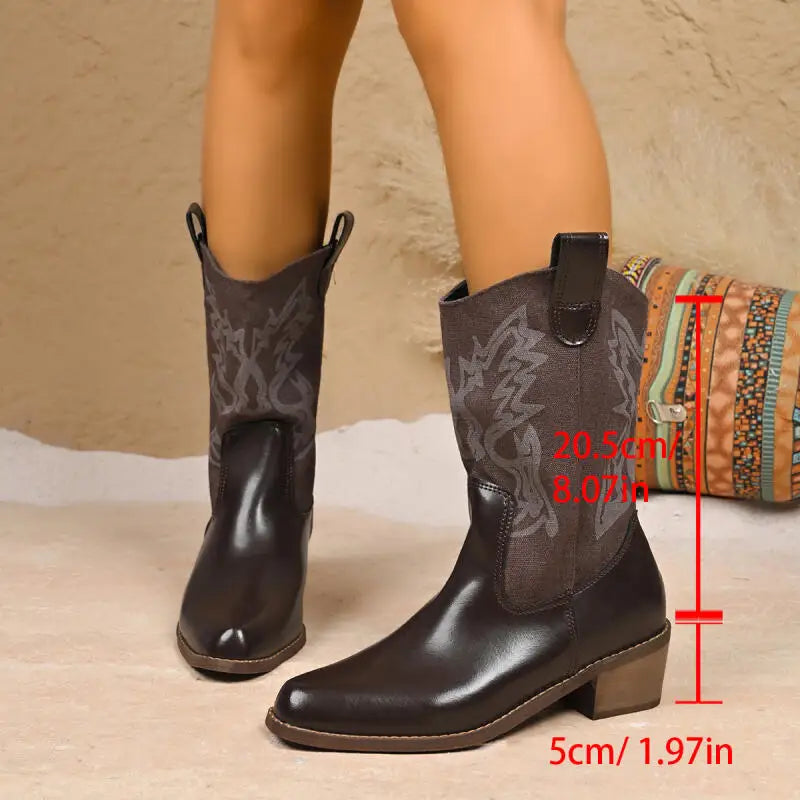 ###Bốt Da Cao Cổ Thêu Nữ 2025 - Phong Cách Viễn Tây