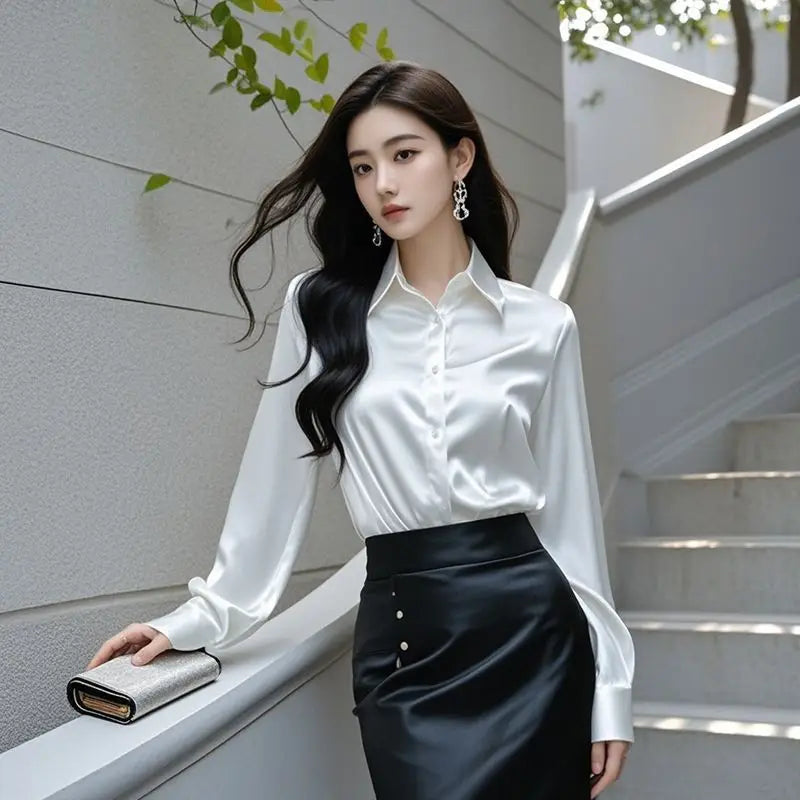 Áo Sơ Mi Lụa Công Sở Nữ Hàn Quốc Dáng Ôm Dài Tay - Daisan Mart