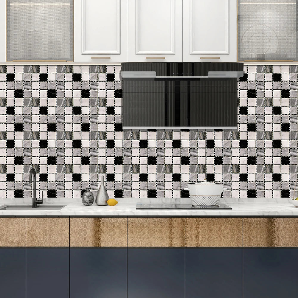 10pcs Flat Mosaic Style Tiles Sticker Kitchen Bathroom Waterproof &amp; Oilproof Art Wall Sticker Peel &amp; Stick Surface Glossy Film