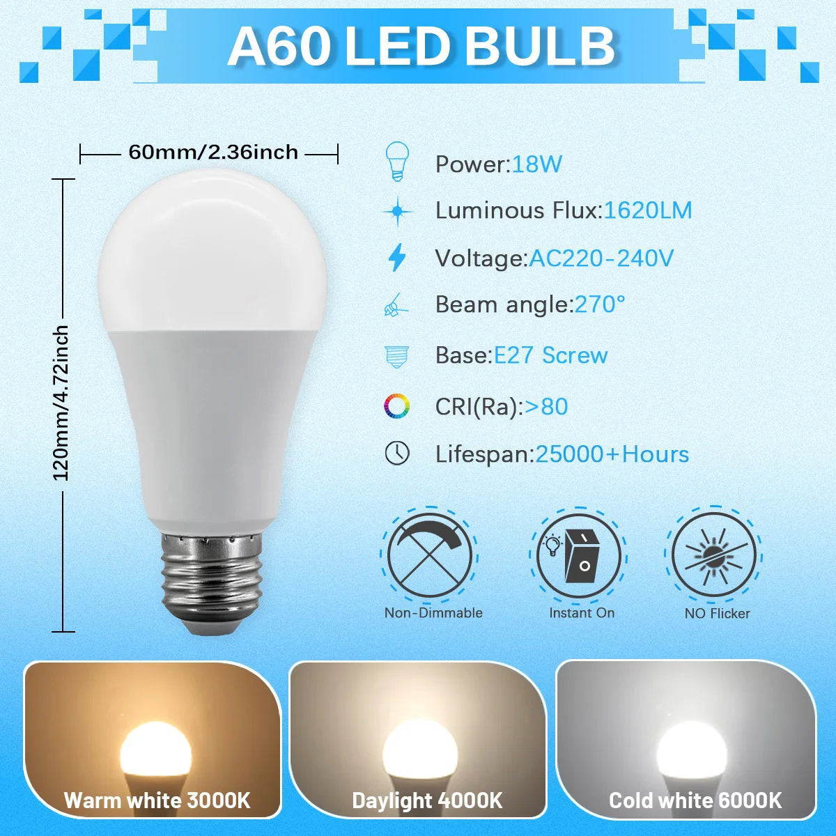 Set of 12 E27 LED Bulbs Full Watt Super Bright 220V 240V