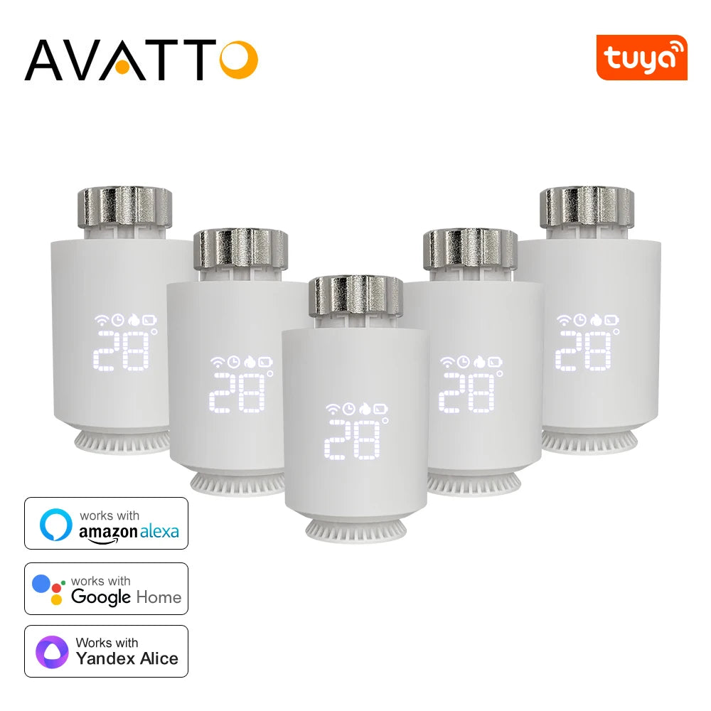 Năm van thông minh màu trắng, hiển thị số 28, tương thích Amazon Alexa, Google Home, Yandex Alice.
